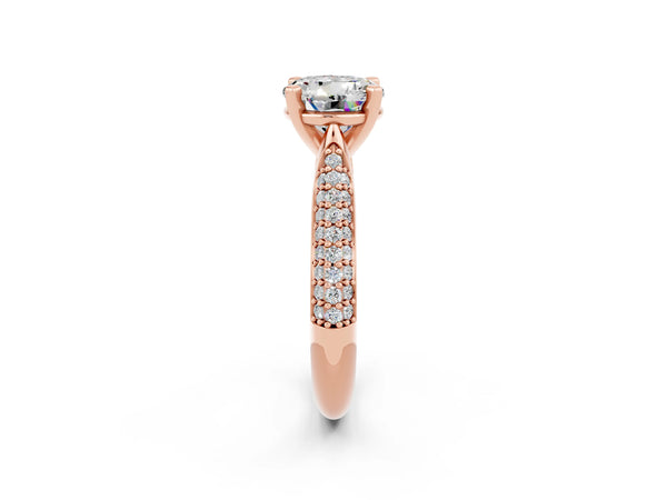 Rose gold Round Cut Moissanite Solitaire Engagement Ring with Multi-Row Round Pavé Band and Prong Setting