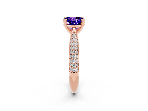 Rose gold Round Cut Tanzanite Solitaire Engagement Ring with Multi-Row Round Pavé Band and Prong Setting
