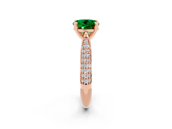 Rose gold Round Cut Emerald Solitaire Engagement Ring with Multi-Row Round Pavé Band and Prong Setting