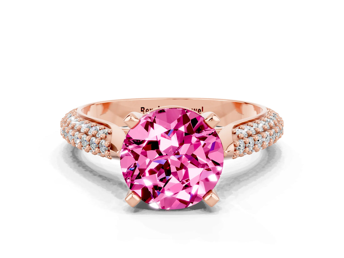 Rose gold Round Cut Diamond Solitaire Engagement Ring with Pavé Band and Four-Prong Setting