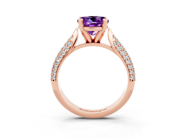 Rose gold Round Cut Amethyst Solitaire Engagement Ring with Multi-Row Round Pavé Band and Prong Setting