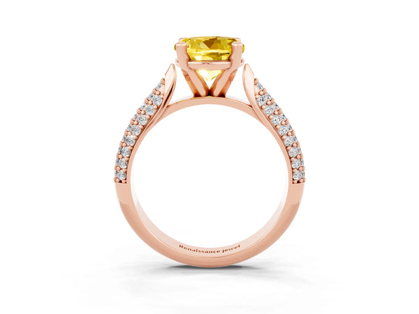 Rose gold Round Cut Yellow Sapphire Solitaire Engagement Ring with Multi-Row Round Pavé Band and Prong Setting