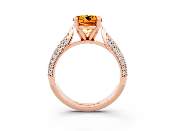 Rose gold Round Cut Citrine Solitaire Engagement Ring with Multi-Row Round Pavé Band and Prong Setting