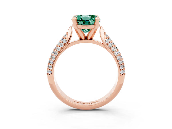 Rose gold Round Cut Green Sapphire Solitaire Engagement Ring with Multi-Row Round Pavé Band and Prong Setting