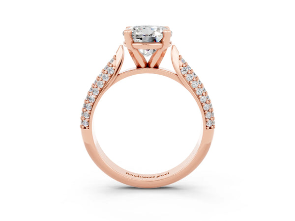 Rose gold Round Cut Moissanite Solitaire Engagement Ring with Multi-Row Round Pavé Band and Prong Setting