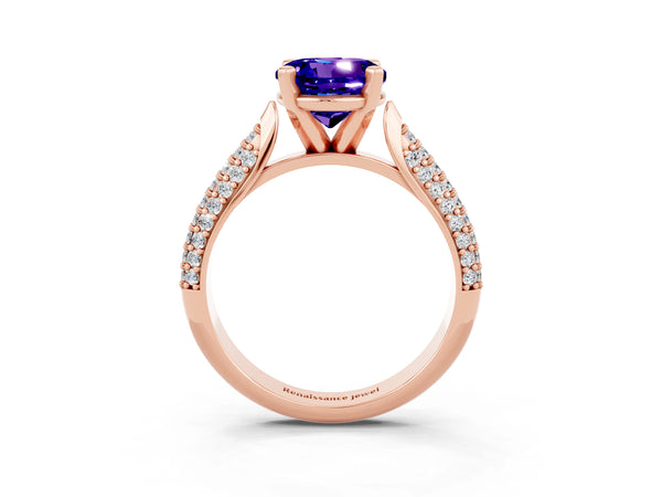 Rose gold Round Cut Tanzanite Solitaire Engagement Ring with Multi-Row Round Pavé Band and Prong Setting