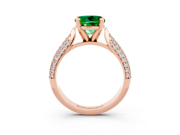Rose gold Round Cut Emerald Solitaire Engagement Ring with Multi-Row Round Pavé Band and Prong Setting