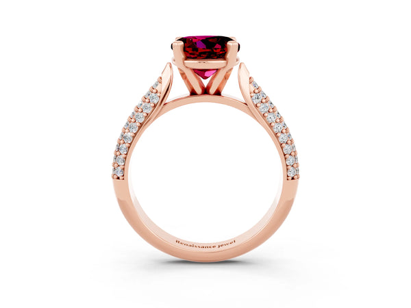 Rose gold Round Cut Garnet Solitaire Engagement Ring with Multi-Row Round Pavé Band and Prong Setting