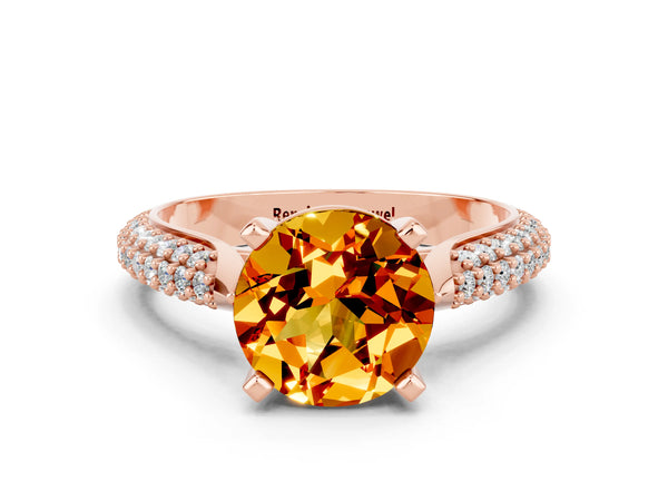 Rose gold Round Cut Citrine Solitaire Engagement Ring with Multi-Row Round Pavé Band and Prong Setting