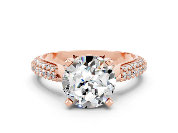 Rose gold Round Cut Moissanite Solitaire Engagement Ring with Multi-Row Round Pavé Band and Prong Setting