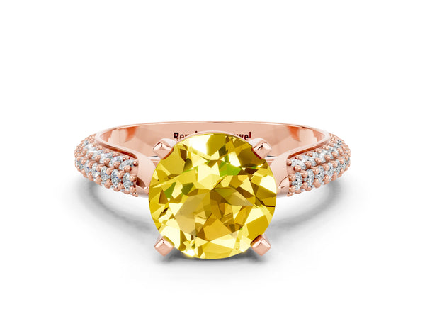 Rose gold Round Cut Yellow Sapphire Solitaire Engagement Ring with Multi-Row Round Pavé Band and Prong Setting