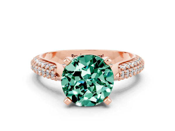 Rose gold Round Cut Green Sapphire Solitaire Engagement Ring with Multi-Row Round Pavé Band and Prong Setting