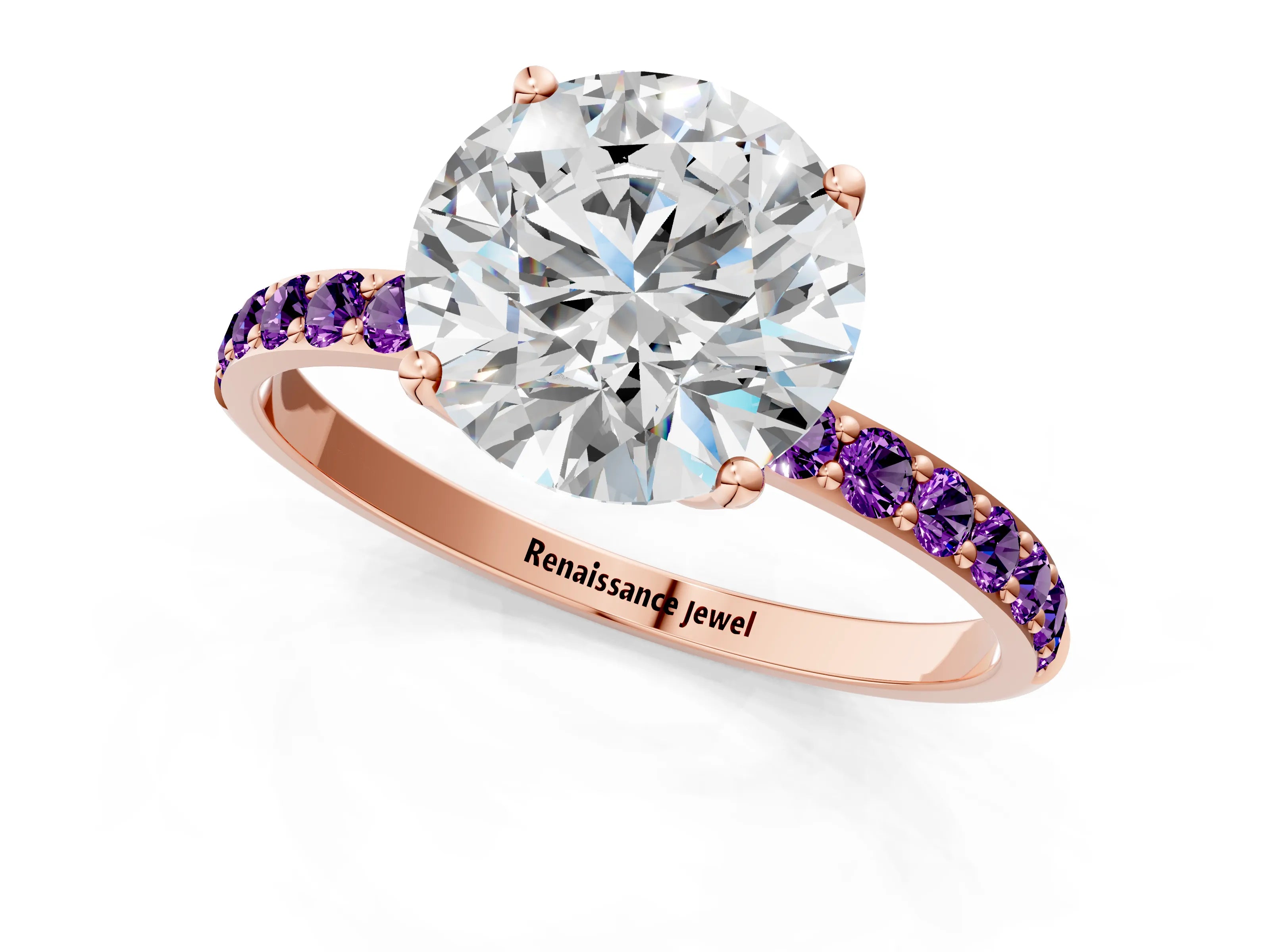 Rose gold Round Cut Diamond Solitaire Engagement Ring with Round with Amethyst side stone Pavé Band and Prong Setting_1