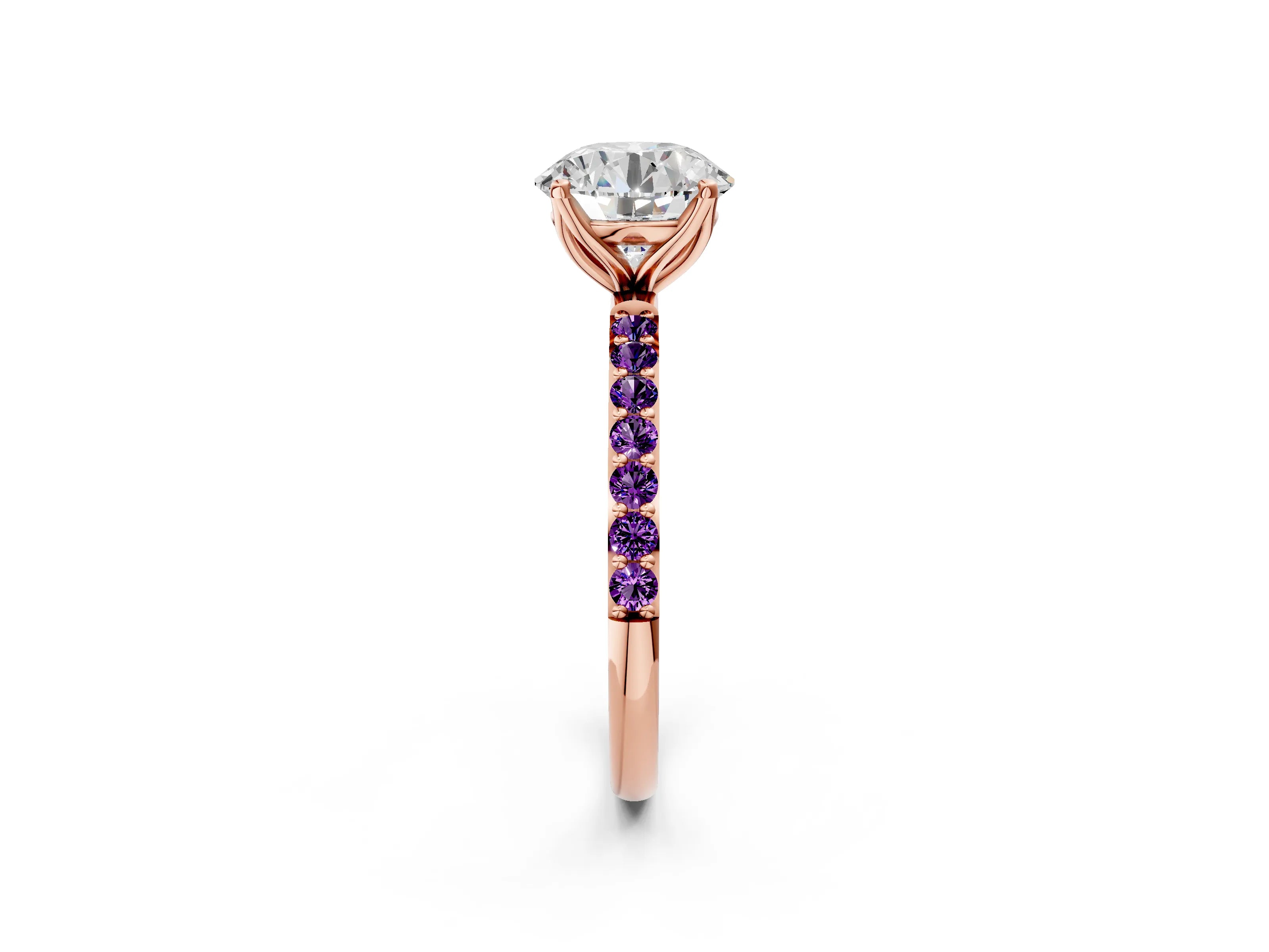 Rose gold Round Cut Diamond Solitaire Engagement Ring with Round with Amethyst side stone Pavé Band and Prong Setting_2
