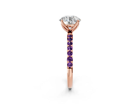 Rose gold Round Cut Diamond Solitaire Engagement Ring with Round with Amethyst side stone Pavé Band and Prong Setting_2