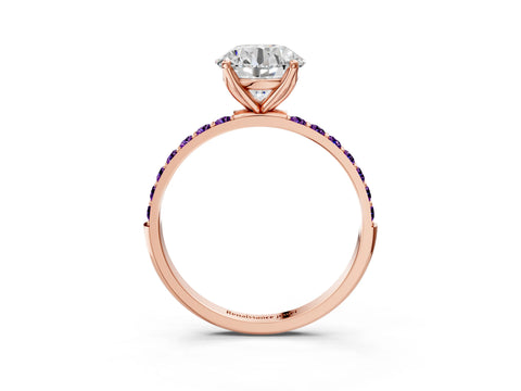 Rose gold Round Cut Diamond Solitaire Engagement Ring with Round with Amethyst side stone Pavé Band and Prong Setting_3