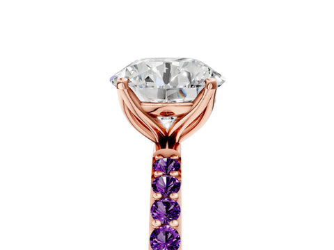 Rose gold Round Cut Diamond Solitaire Engagement Ring with Round with Amethyst side stone Pavé Band and Prong Setting_5