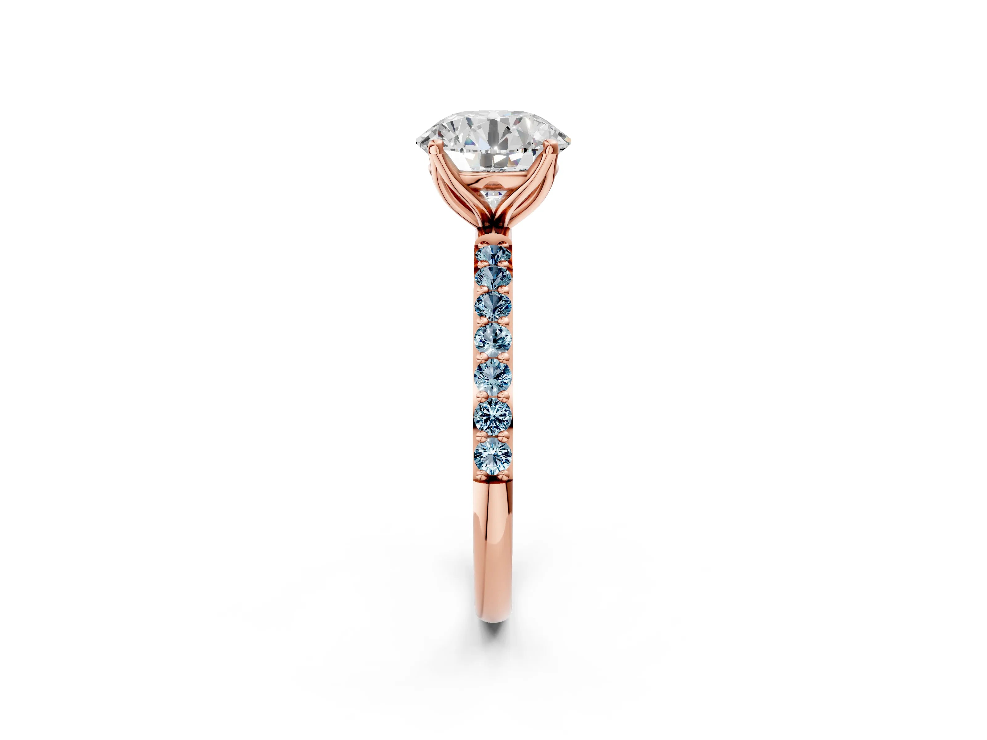 Rose gold Round Cut Diamond Solitaire Engagement Ring with Round with Aquamarine side stone Pavé Band and Prong Setting_2