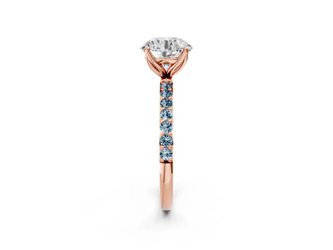 Rose gold Round Cut Diamond Solitaire Engagement Ring with Round with Aquamarine side stone Pavé Band and Prong Setting_2