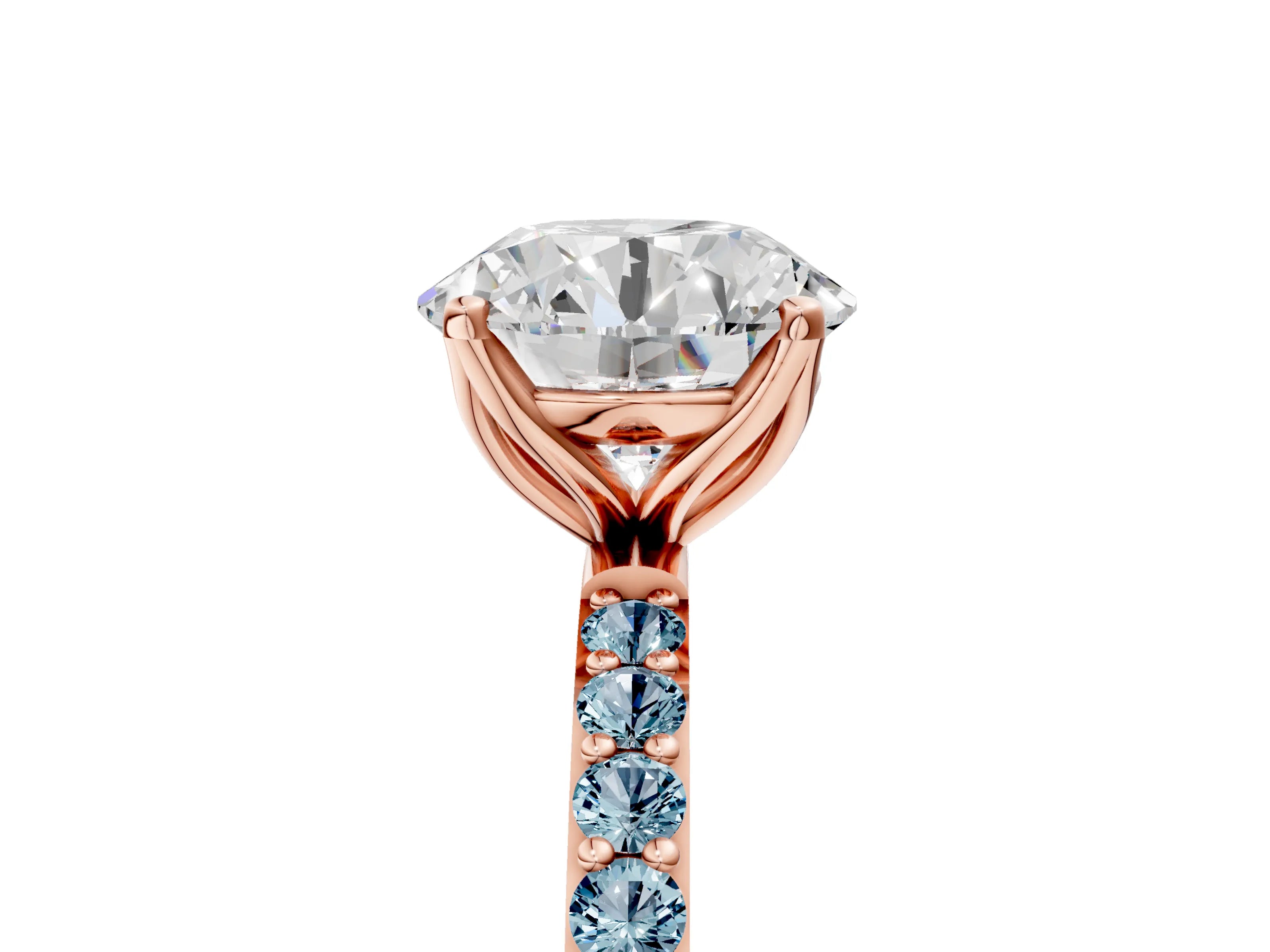 Rose gold Round Cut Diamond Solitaire Engagement Ring with Round with Aquamarine side stone Pavé Band and Prong Setting_5