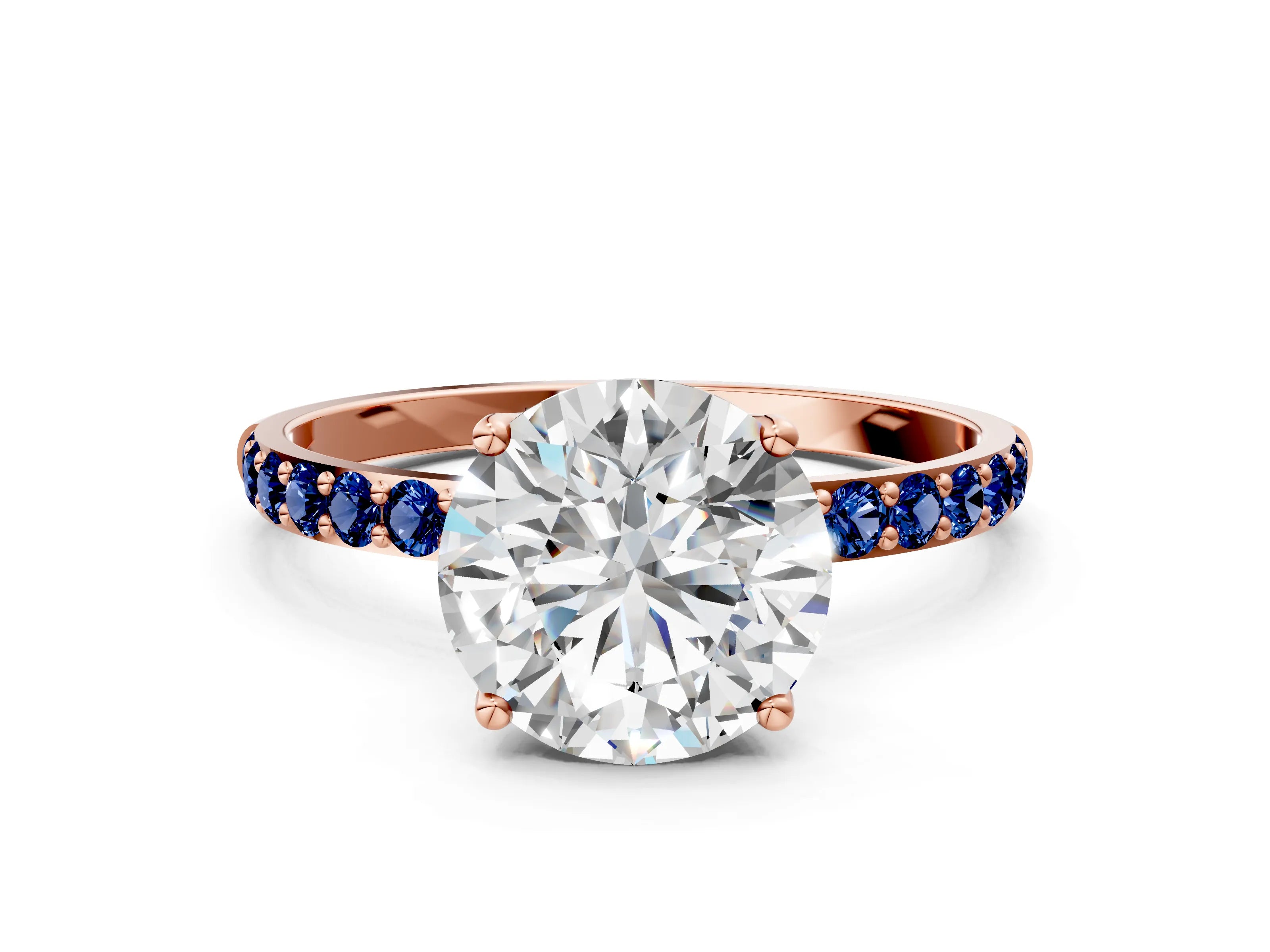 Rose gold Round Cut Diamond Solitaire Engagement Ring with Round with Blue Sapphire side stone Pavé Band and Prong Setting