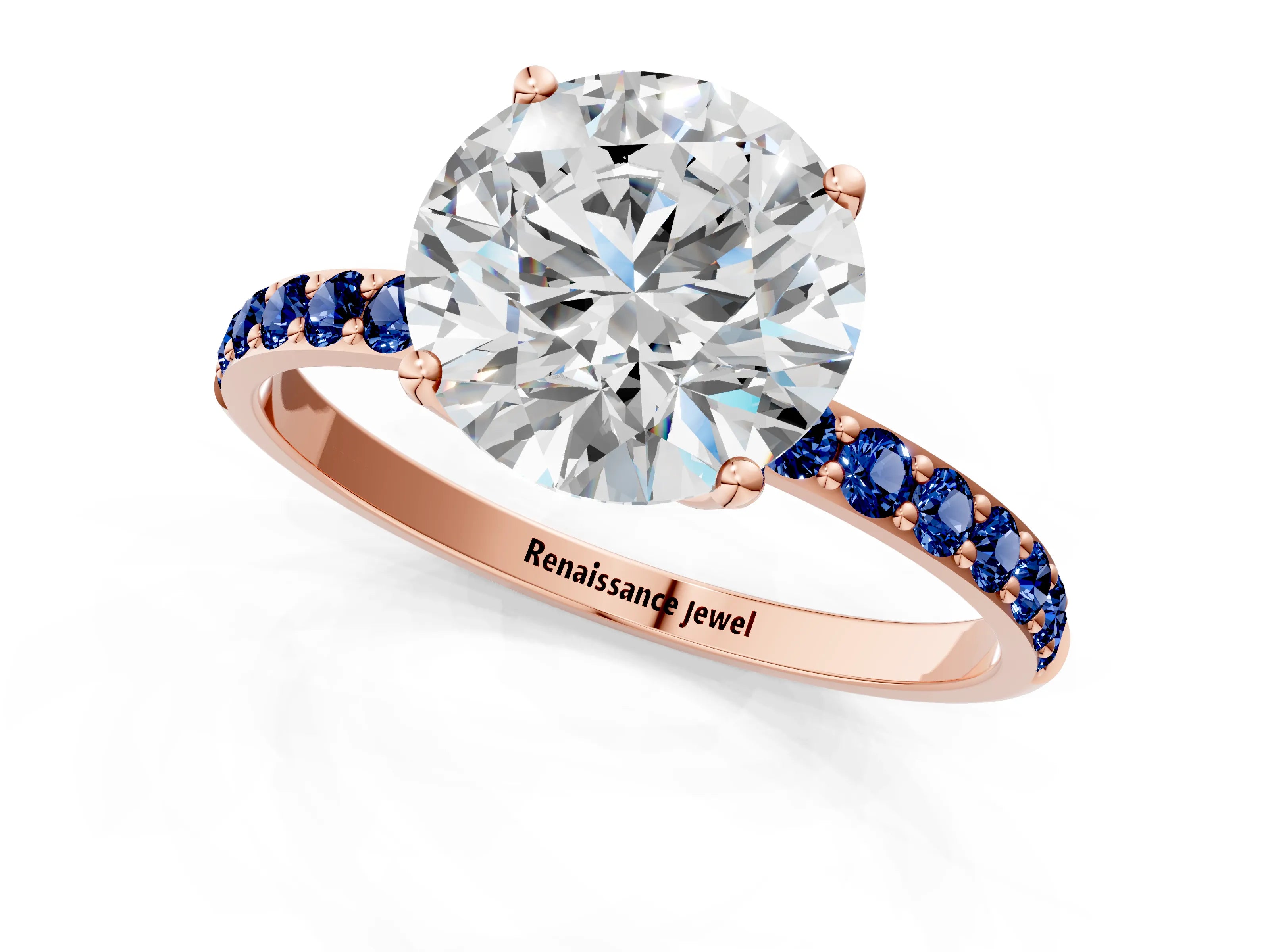 Rose gold Round Cut Diamond Solitaire Engagement Ring with Round with Blue Sapphire side stone Pavé Band and Prong Setting_1