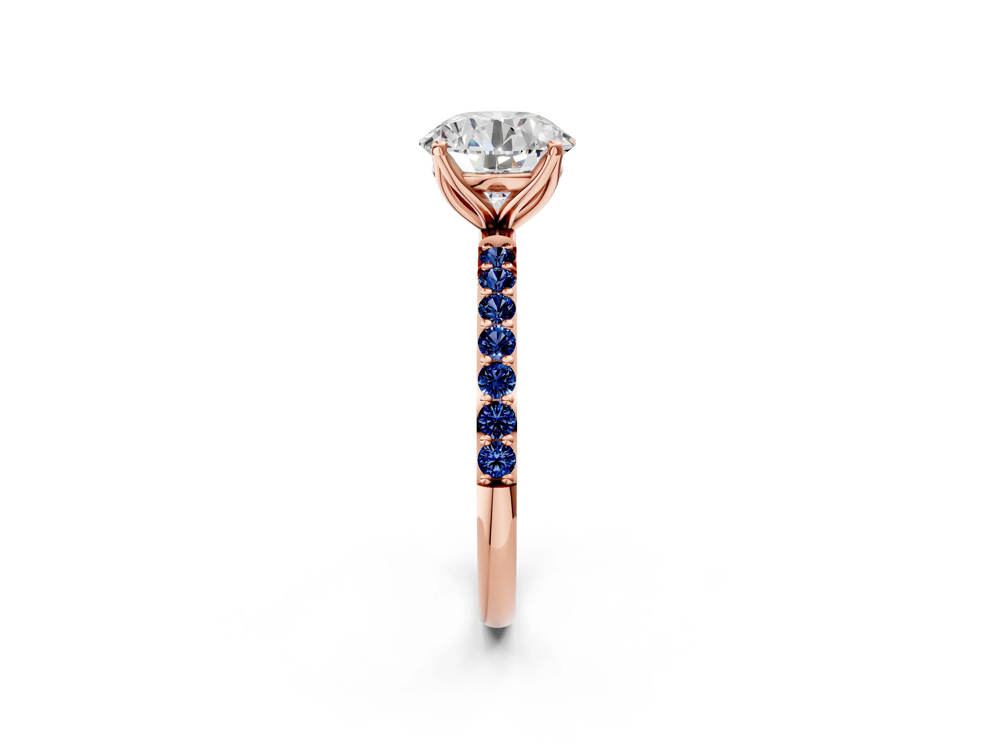 Rose gold Round Cut Diamond Solitaire Engagement Ring with Round with Blue Sapphire side stone Pavé Band and Prong Setting_2