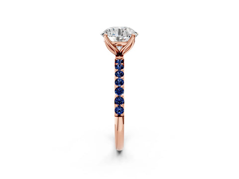 Rose gold Round Cut Diamond Solitaire Engagement Ring with Round with Blue Sapphire side stone Pavé Band and Prong Setting_2