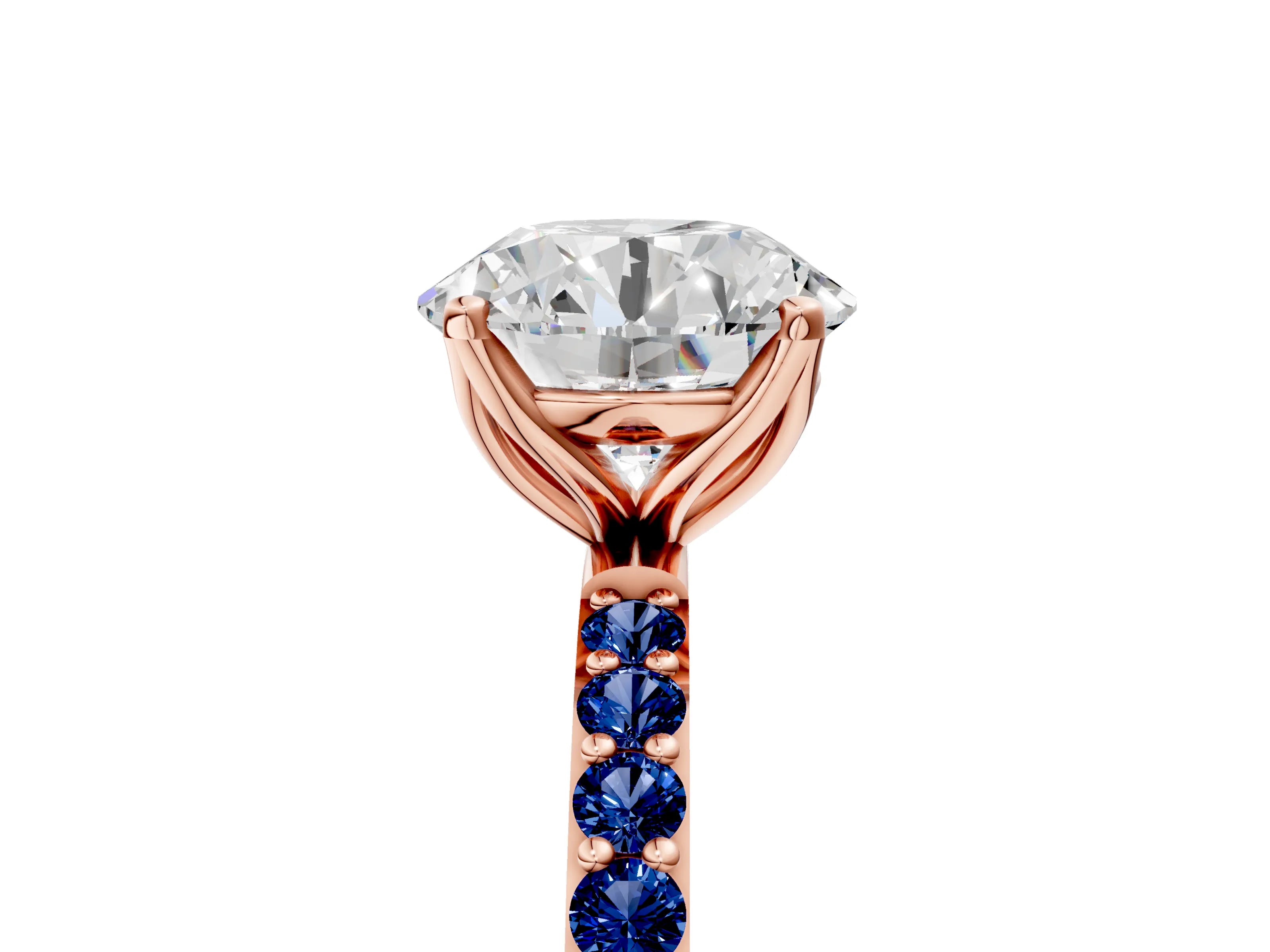 Rose gold Round Cut Diamond Solitaire Engagement Ring with Round with Blue Sapphire side stone Pavé Band and Prong Setting_5