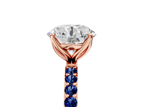 Rose gold Round Cut Diamond Solitaire Engagement Ring with Round with Blue Sapphire side stone Pavé Band and Prong Setting_5