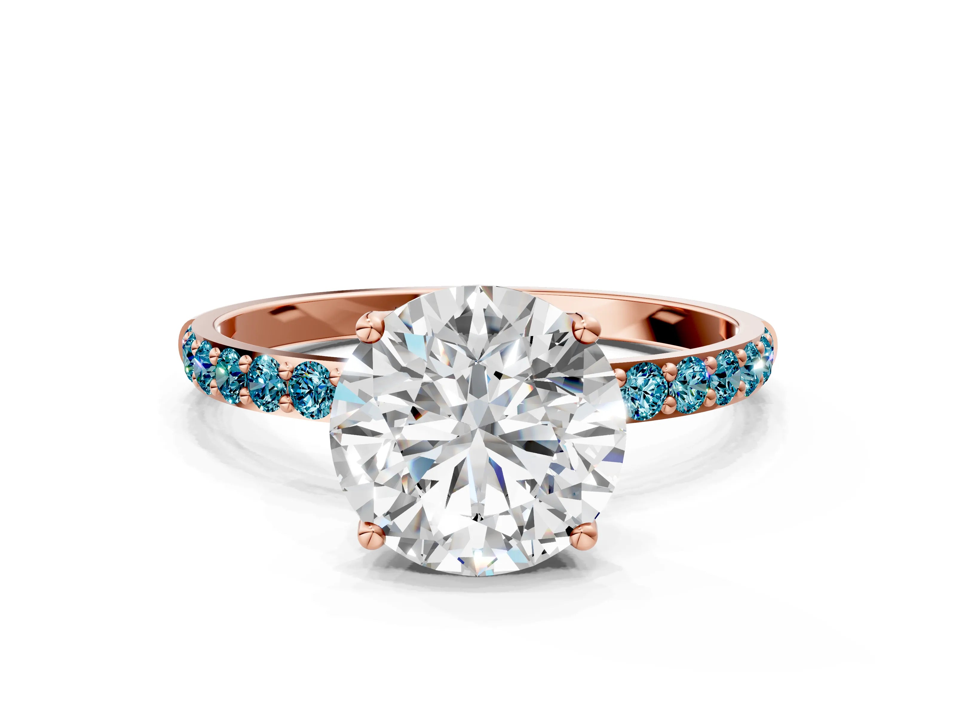 Rose gold Round Cut Diamond Solitaire Engagement Ring with Round with Blue Topaz side stone Pavé Band and Prong Setting