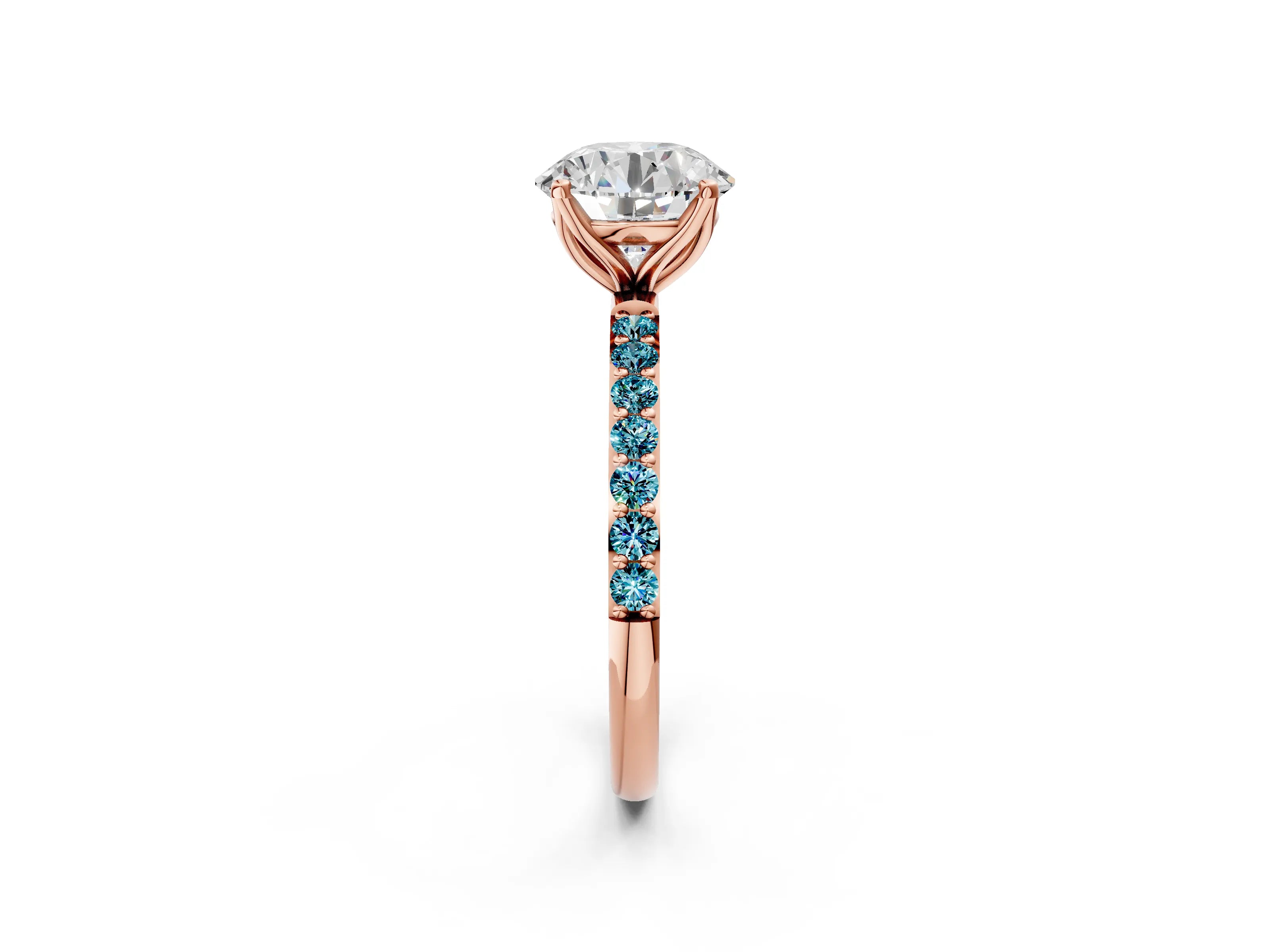Rose gold Round Cut Diamond Solitaire Engagement Ring with Round with Blue Topaz side stone Pavé Band and Prong Setting_2