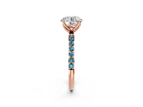 Rose gold Round Cut Diamond Solitaire Engagement Ring with Round with Blue Topaz side stone Pavé Band and Prong Setting_2