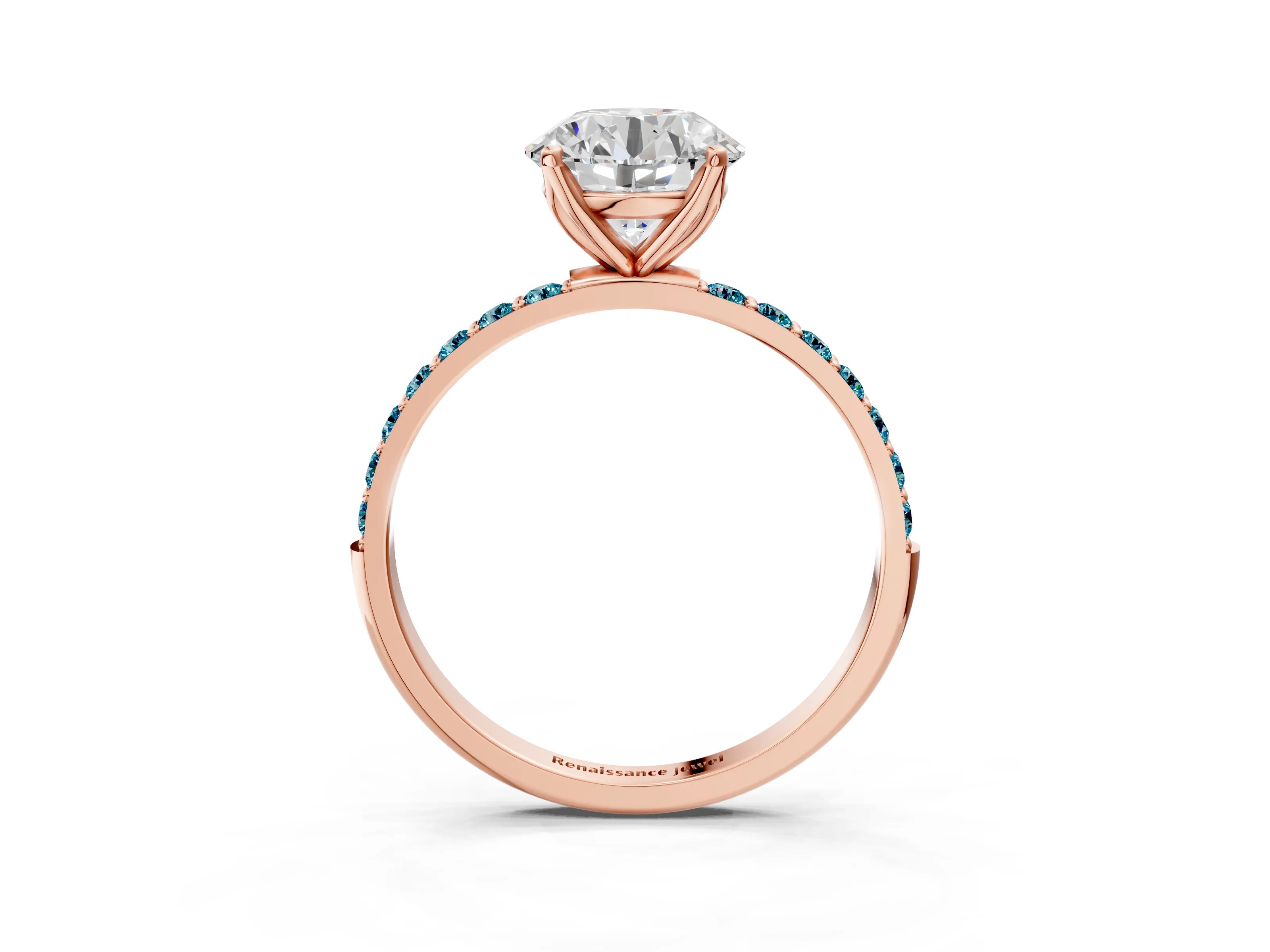 Rose gold Round Cut Diamond Solitaire Engagement Ring with Round with Blue Topaz side stone Pavé Band and Prong Setting_3