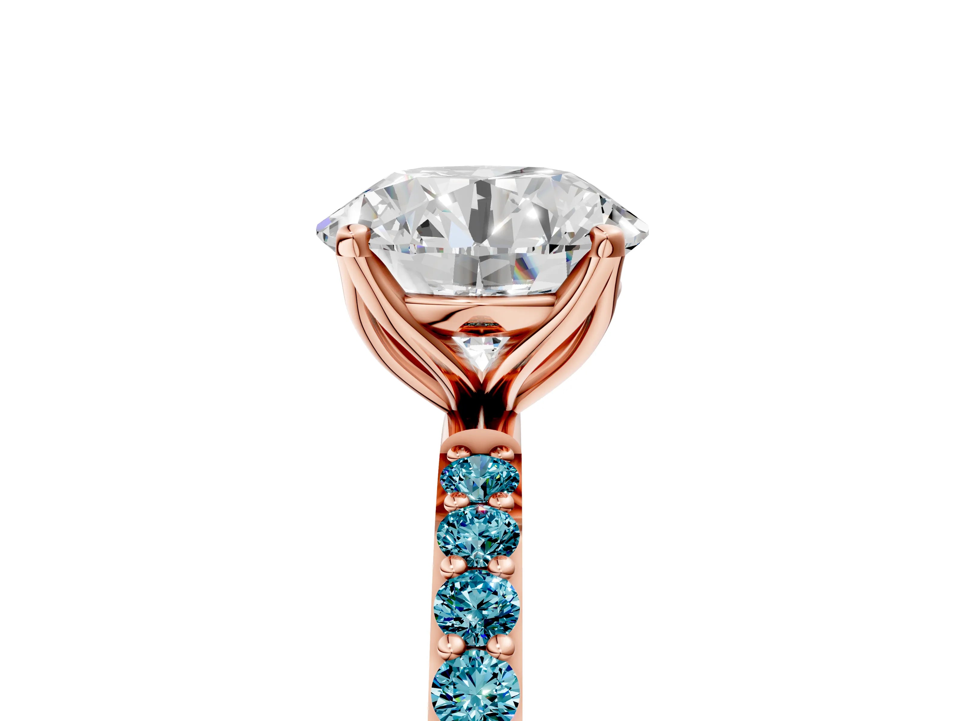 Rose gold Round Cut Diamond Solitaire Engagement Ring with Round with Blue Topaz side stone Pavé Band and Prong Setting_5