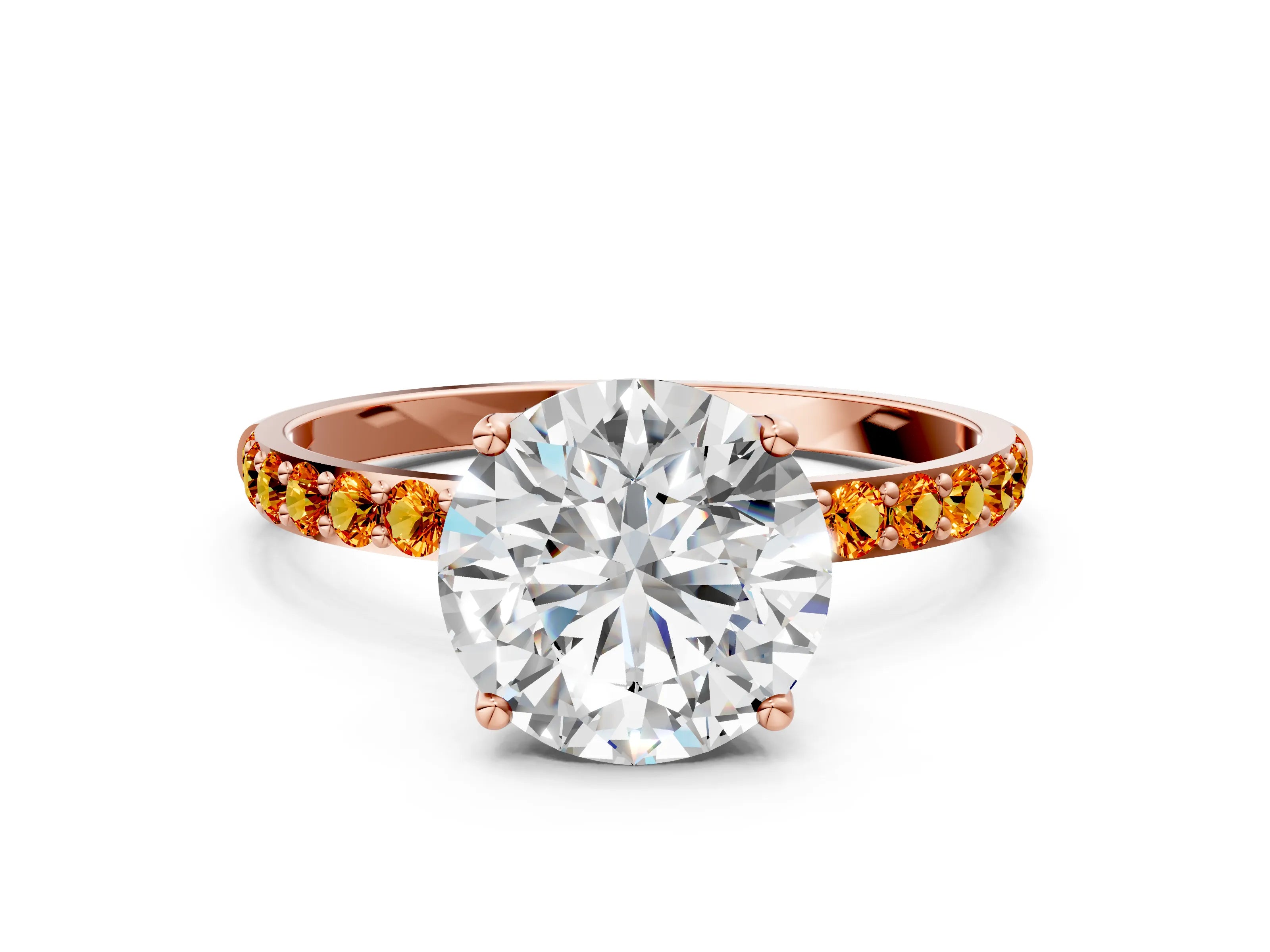 Rose gold Round Cut Diamond Solitaire Engagement Ring with Round with Citrine side stone Pavé Band and Prong Setting