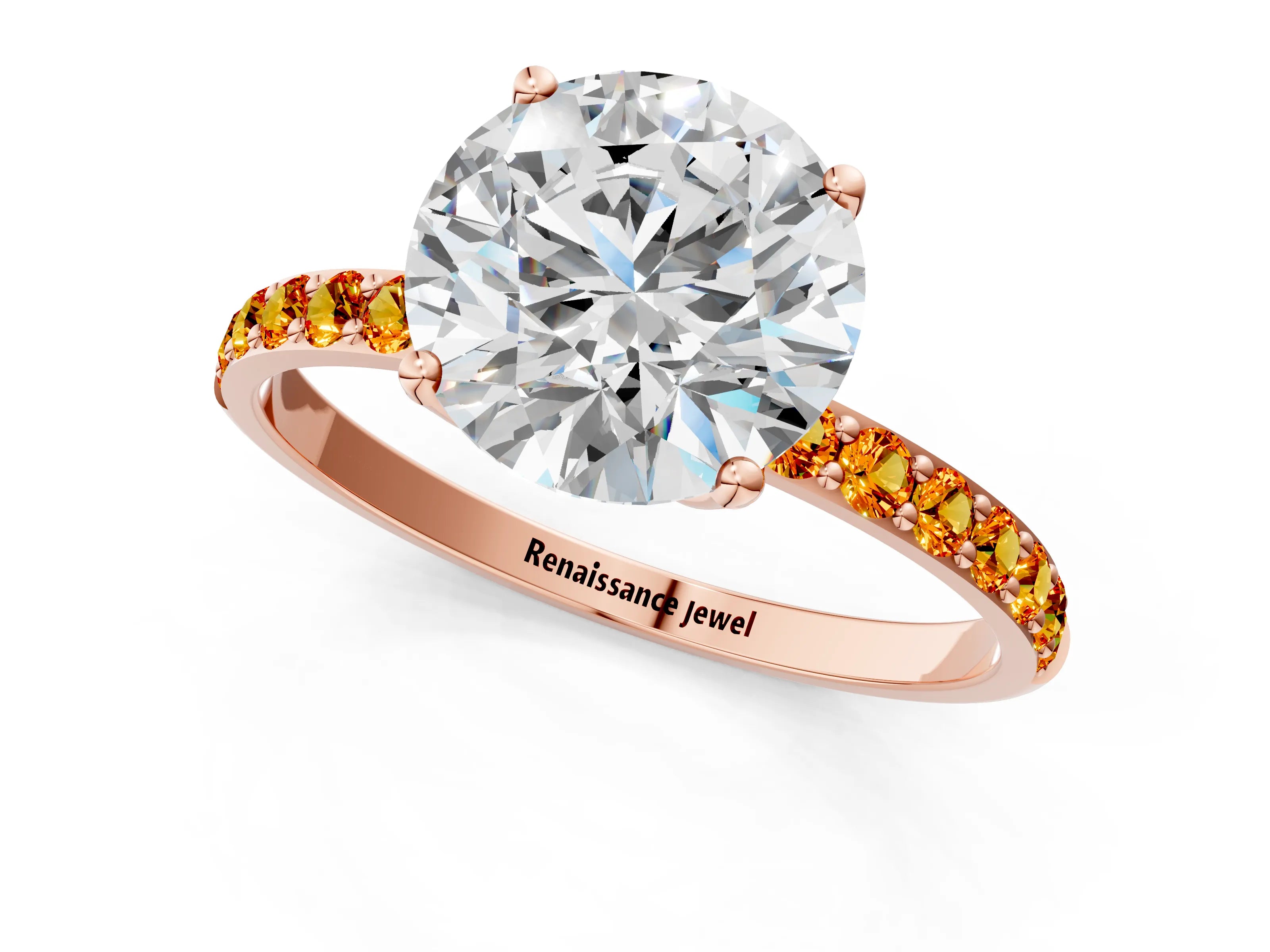 Rose gold Round Cut Diamond Solitaire Engagement Ring with Round with Citrine side stone Pavé Band and Prong Setting_1