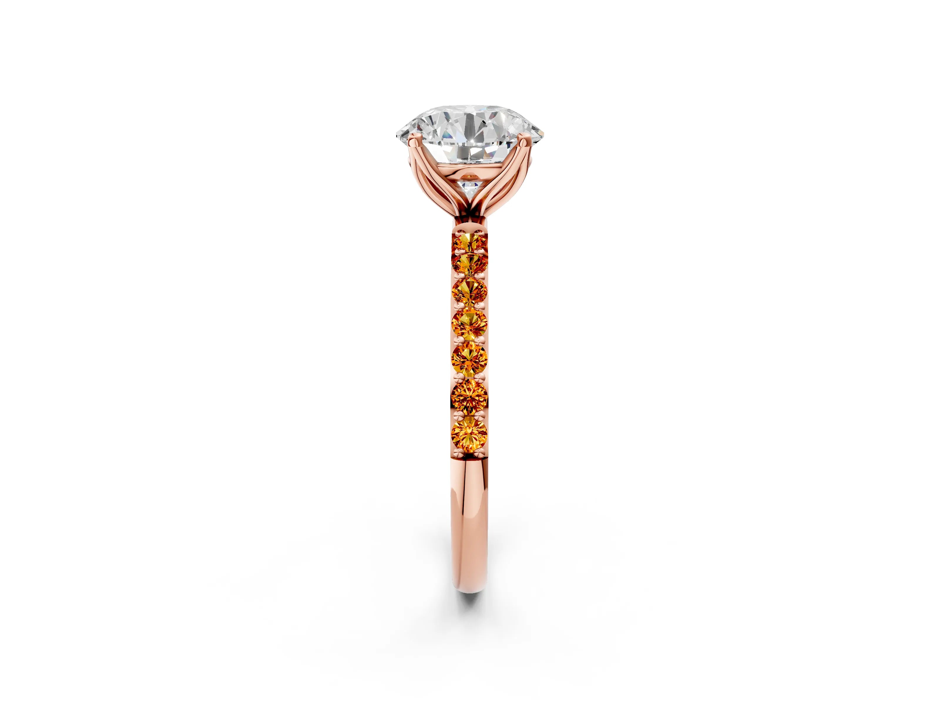 Rose gold Round Cut Diamond Solitaire Engagement Ring with Round with Citrine side stone Pavé Band and Prong Setting_2