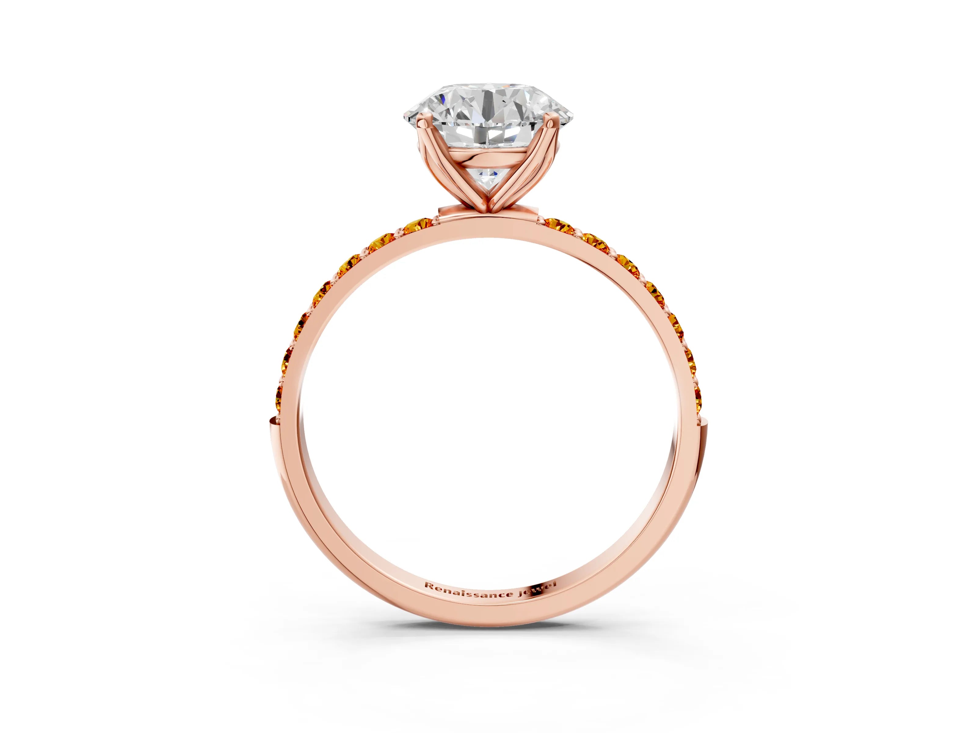 Rose gold Round Cut Diamond Solitaire Engagement Ring with Round with Citrine side stone Pavé Band and Prong Setting_3
