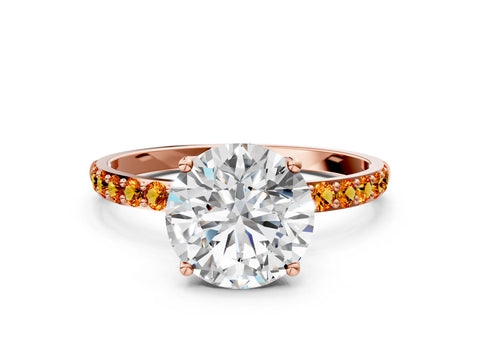 Rose gold Round Cut Diamond Solitaire Engagement Ring with Round with Citrine side stone Pavé Band and Prong Setting