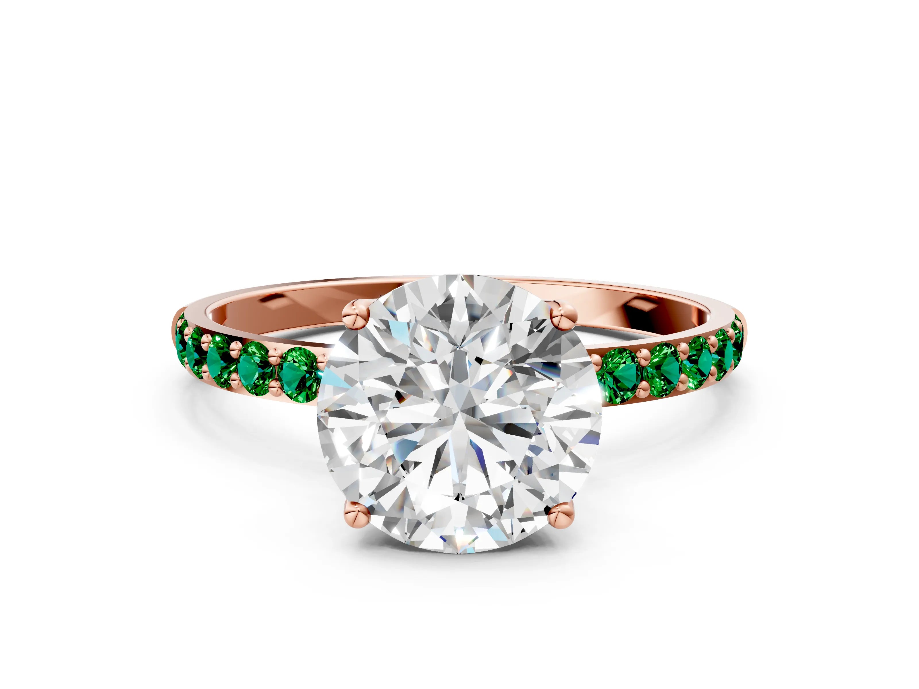 Rose gold Round Cut Diamond Solitaire Engagement Ring with Round with Emerald side stone Pavé Band and Prong Setting