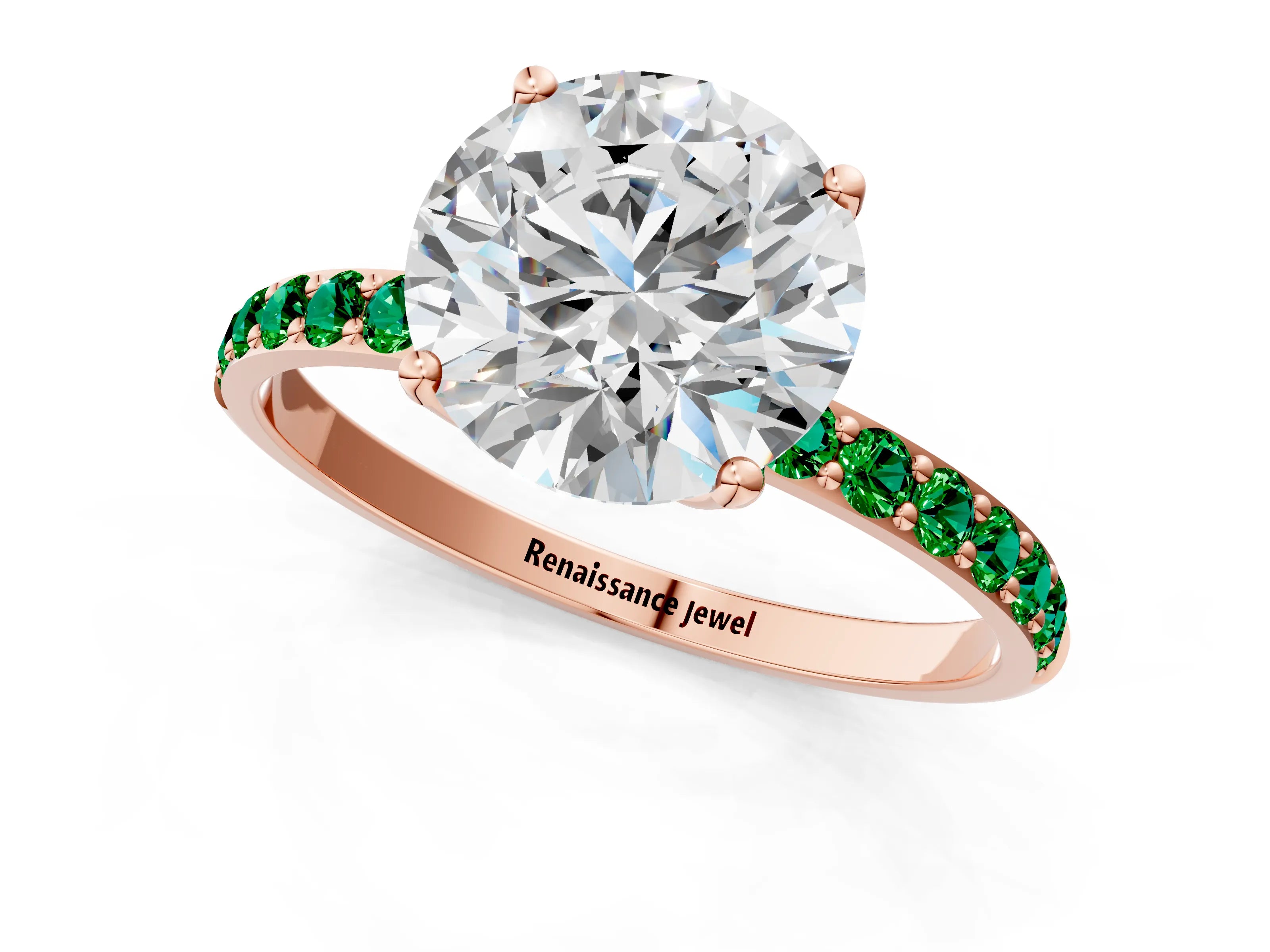 Rose gold Round Cut Diamond Solitaire Engagement Ring with Round with Emerald side stone Pavé Band and Prong Setting_1