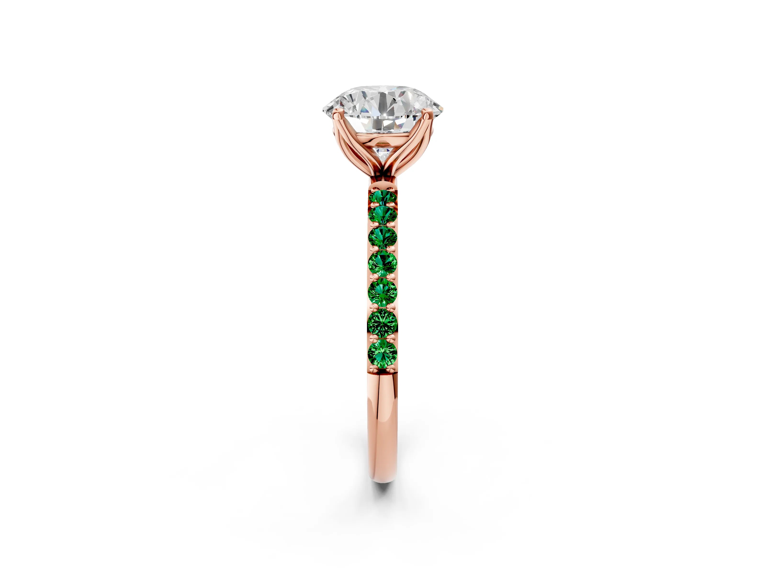 Rose gold Round Cut Diamond Solitaire Engagement Ring with Round with Emerald side stone Pavé Band and Prong Setting_2