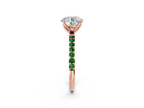 Rose gold Round Cut Diamond Solitaire Engagement Ring with Round with Emerald side stone Pavé Band and Prong Setting_2