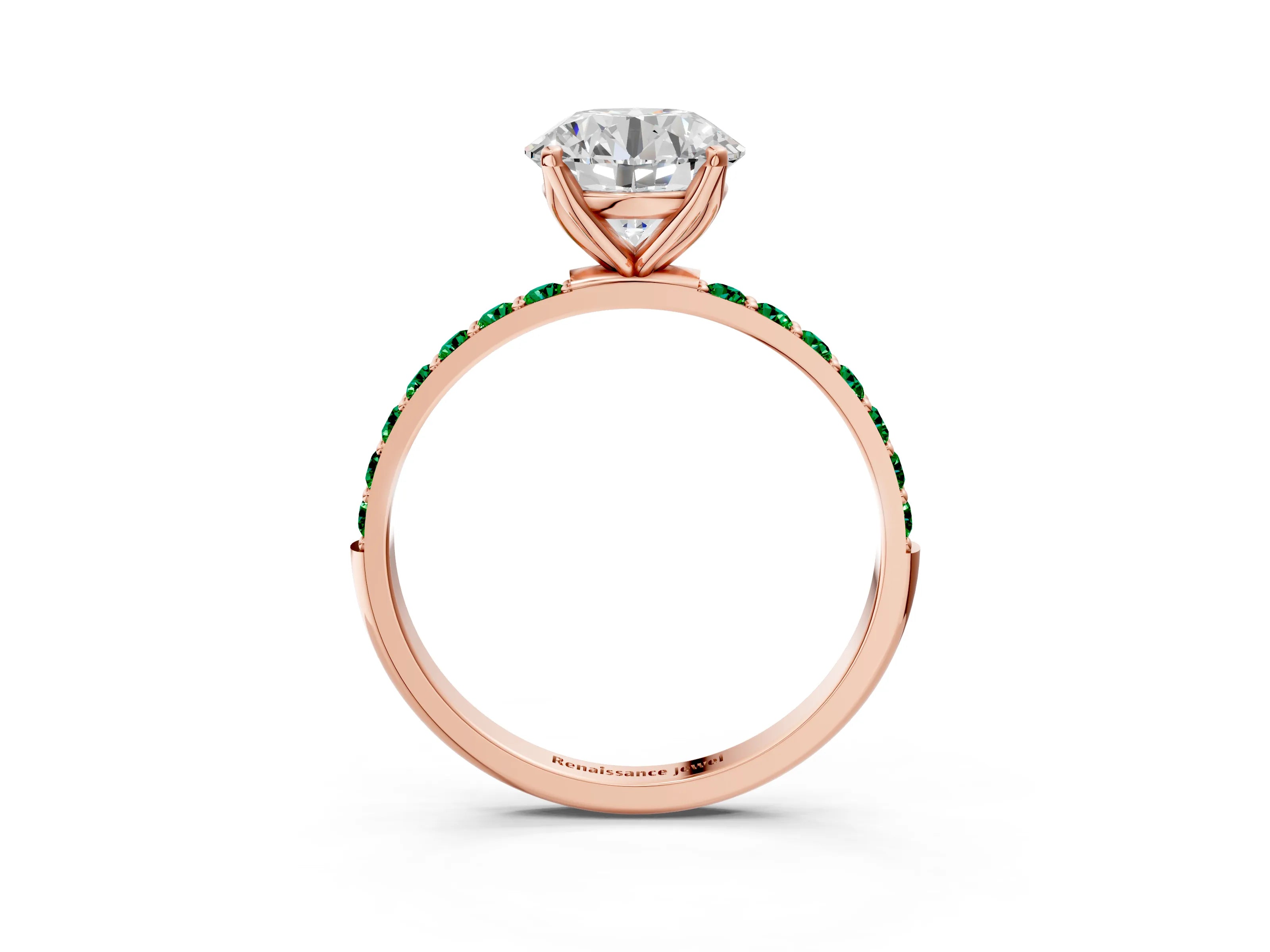 Rose gold Round Cut Diamond Solitaire Engagement Ring with Round with Emerald side stone Pavé Band and Prong Setting_3