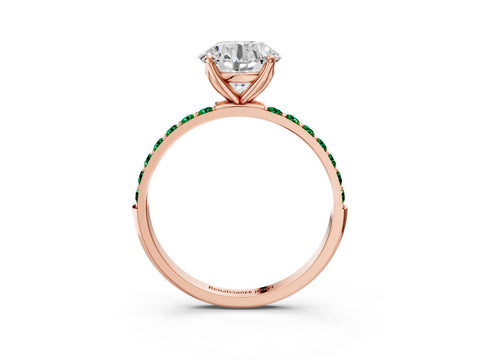 Rose gold Round Cut Diamond Solitaire Engagement Ring with Round with Emerald side stone Pavé Band and Prong Setting_3
