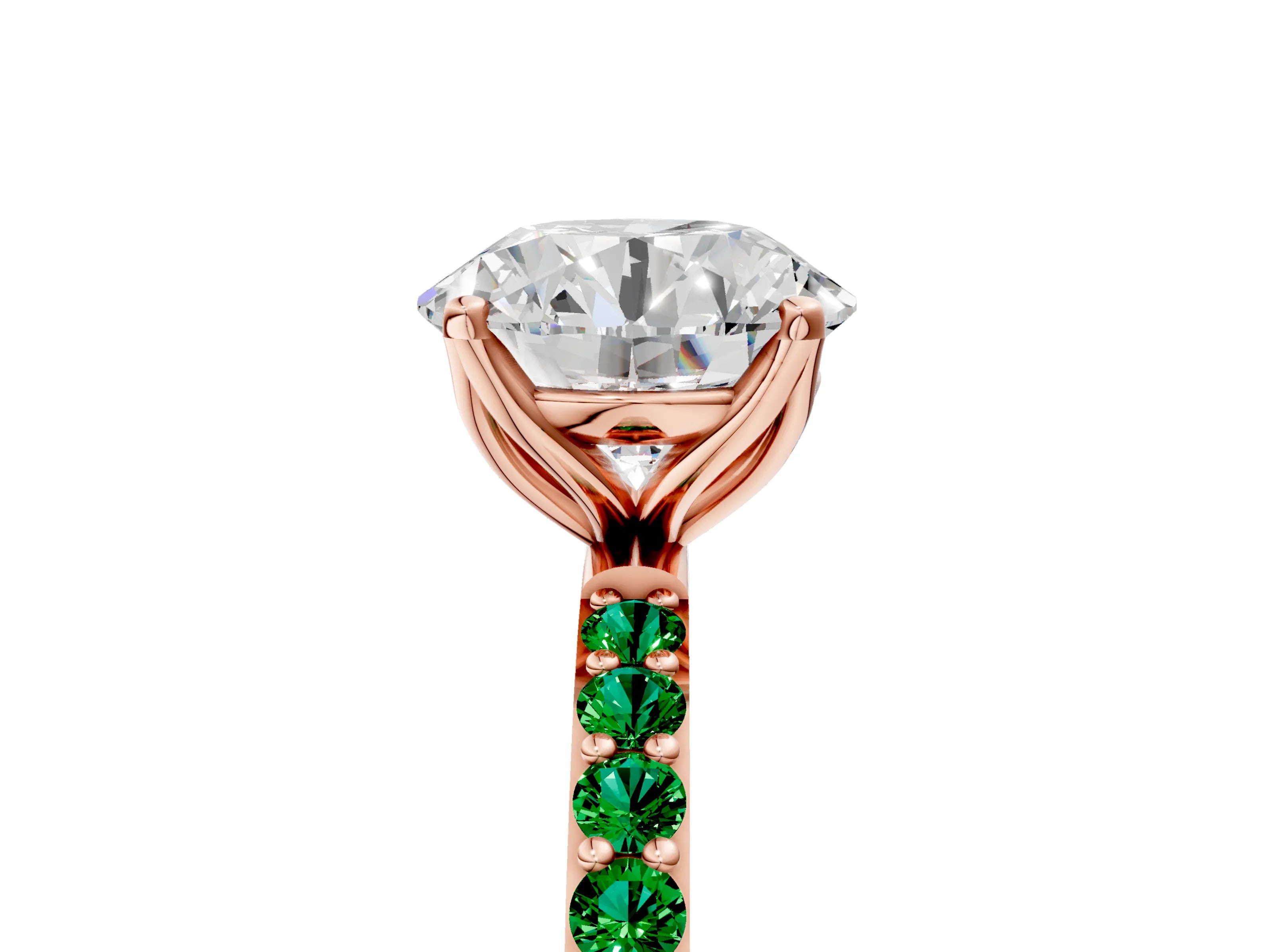 Rose gold Round Cut Diamond Solitaire Engagement Ring with Round with Emerald side stone Pavé Band and Prong Setting_5