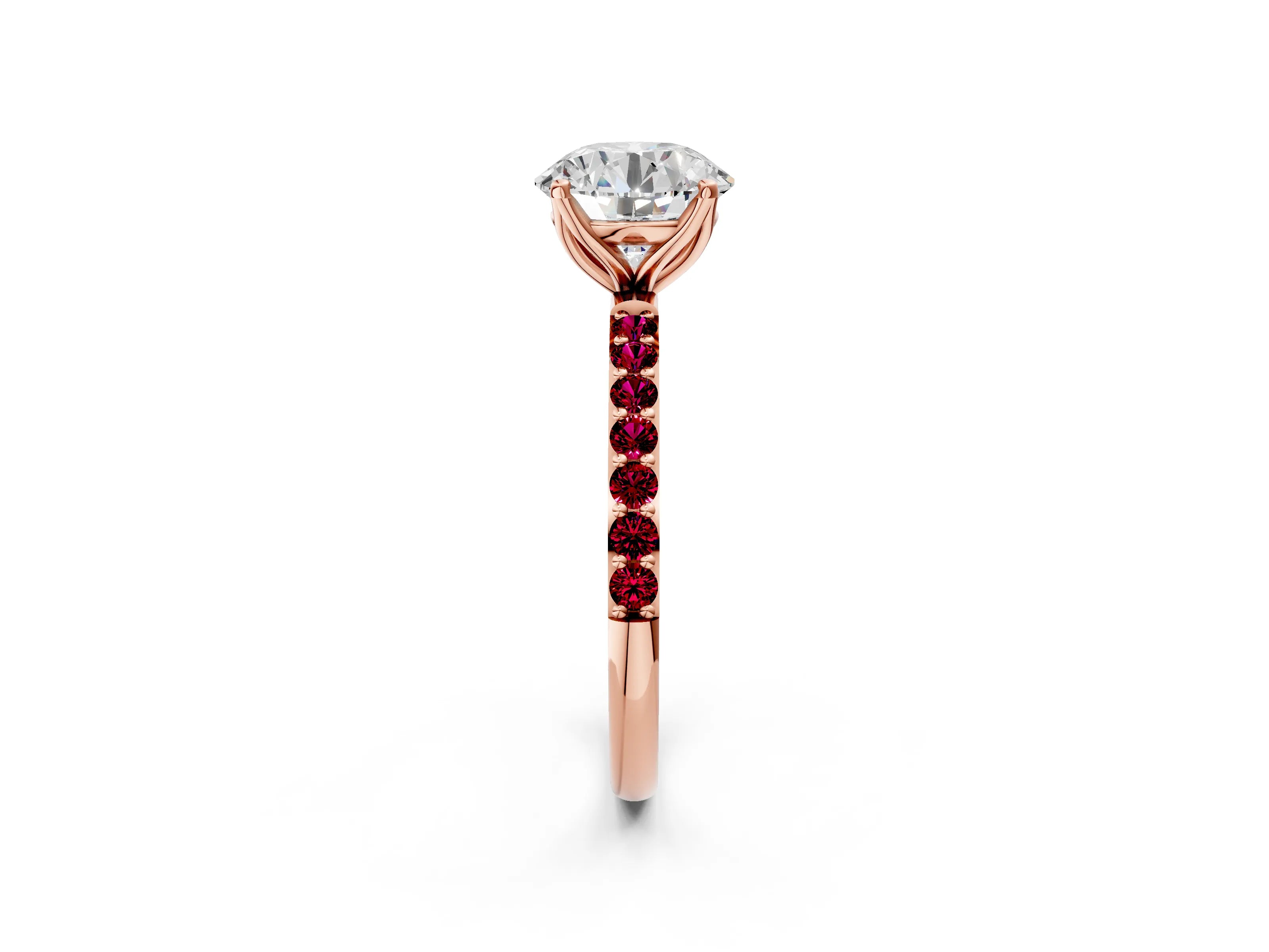 Rose gold Round Cut Diamond Solitaire Engagement Ring with Round with Garnet side stone Pavé Band and Prong Setting_2