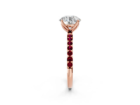 Rose gold Round Cut Diamond Solitaire Engagement Ring with Round with Garnet side stone Pavé Band and Prong Setting_2