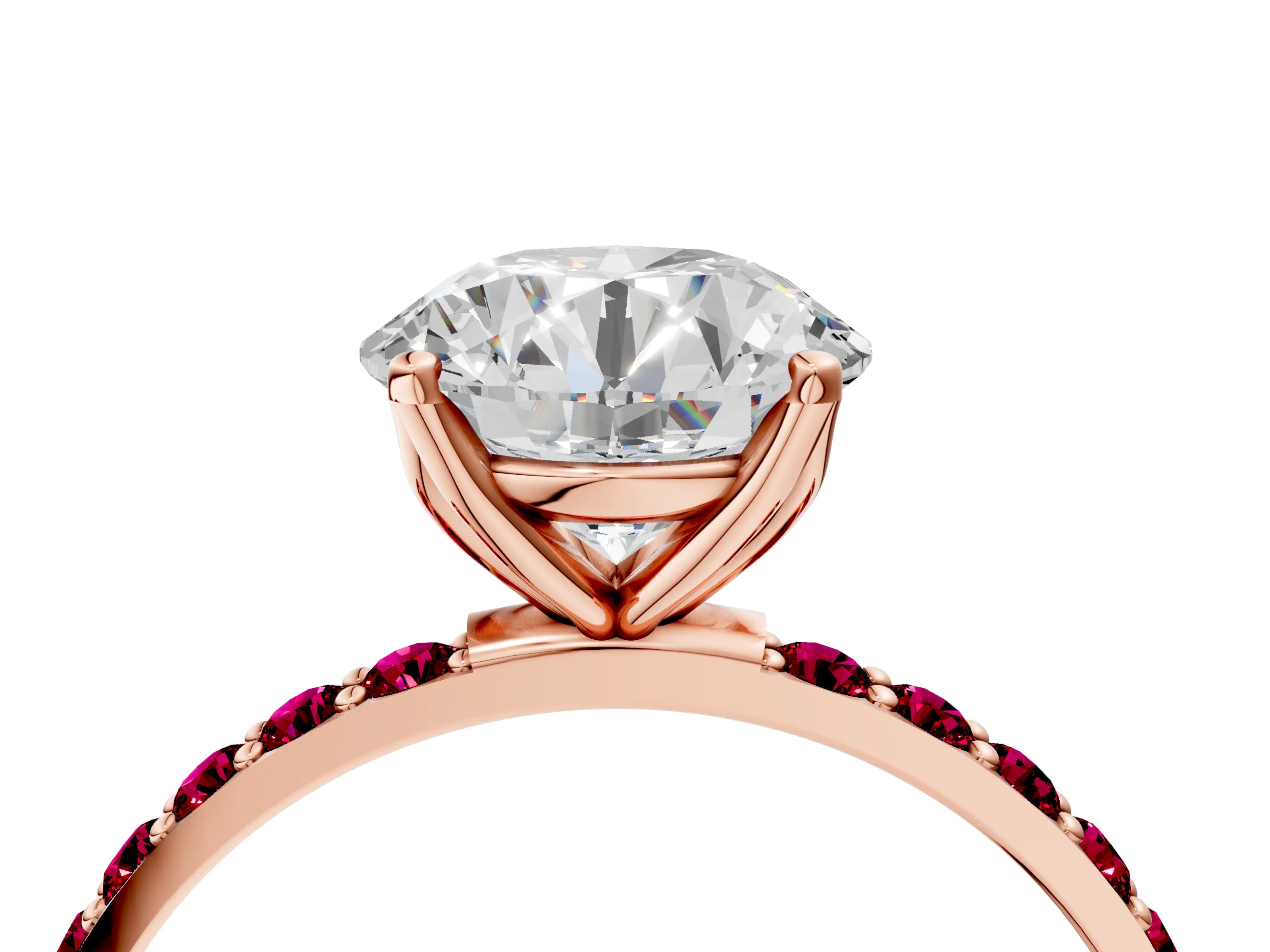 Rose gold Round Cut Diamond Solitaire Engagement Ring with Round with Garnet side stone Pavé Band and Prong Setting_4